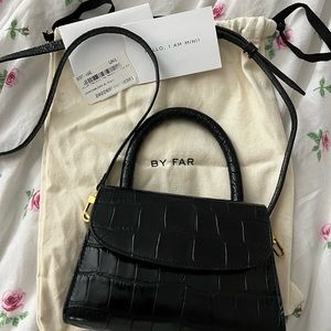By Far Black Croc Mini Top Handle Bag